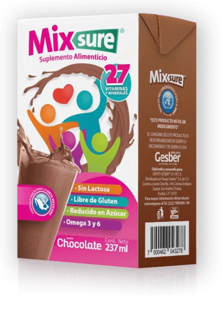 Suplemento alimenticio Mixsure sabor Chocolate equivale a una comida completa y balanceada contiene proteínas, menos azúcares, sin gluten, 27 vitaminas y minerales y es para niños, adultos mayores, deportistas Similar a Ensure