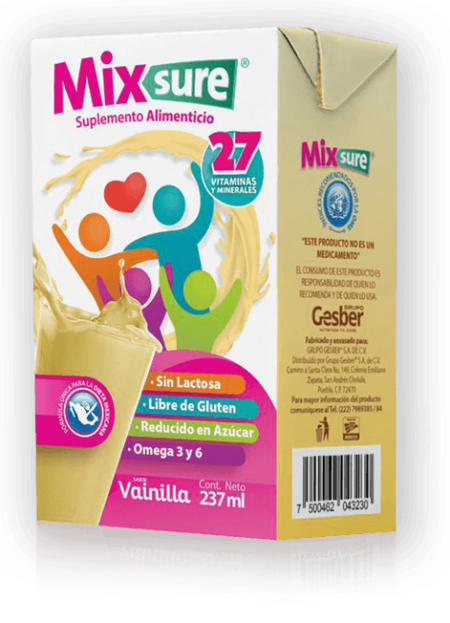 Suplemento alimenticio Mixsure sabor Vainilla equivale a una comida completa y balanceada contiene proteínas, menos azúcares, sin gluten, 27 vitaminas y minerales y es para niños, adultos mayores, deportistas Similar a Ensure