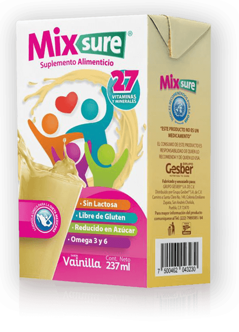 Suplemento alimenticio Mixsure sabor Vainilla equivale a una comida completa y balanceada contiene proteínas, menos azúcares, sin gluten, 27 vitaminas y minerales y es para niños, adultos mayores, deportistas Similar a Ensure